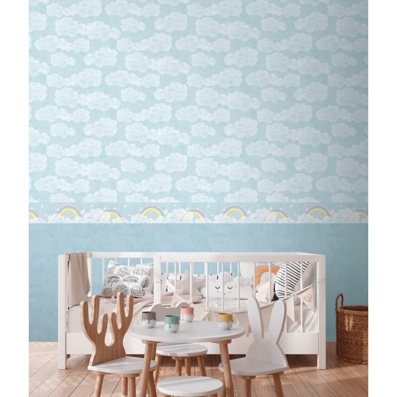 Bordüre mit Regenbogen und Wolken Blau Bunt Kinderzimmer Borte mit Vögeln (KG-172200)