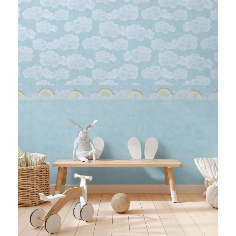 Bordüre mit Regenbogen und Wolken Blau Bunt Kinderzimmer Borte mit Vögeln (KG-172200)
