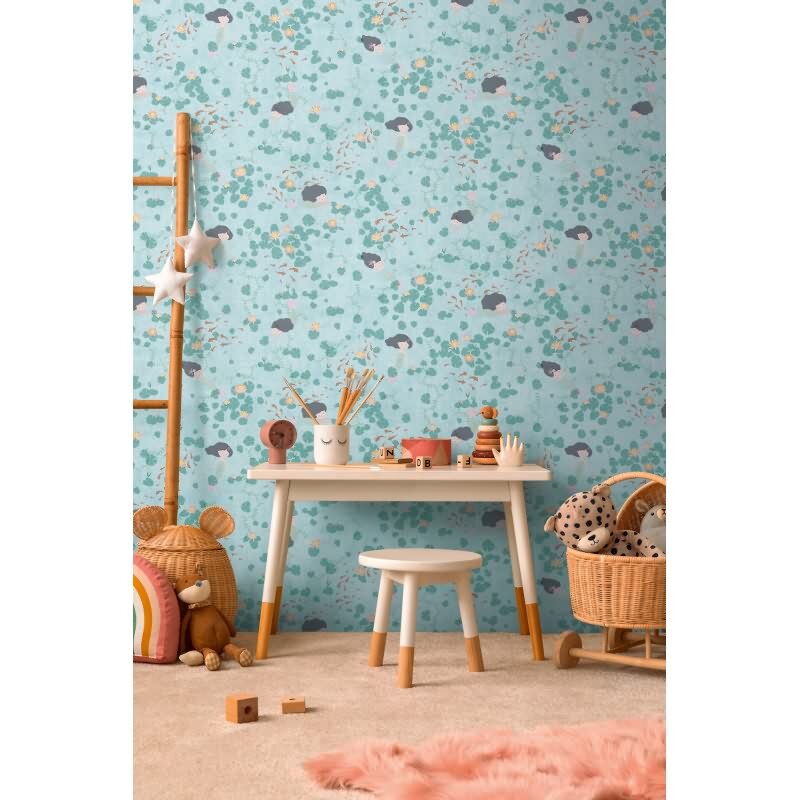 Meerjungfrauen Tapete Blau Grün Kindertapete mit Seerosen Fischen Kinderzimmer Vliestapete (KG-172201)