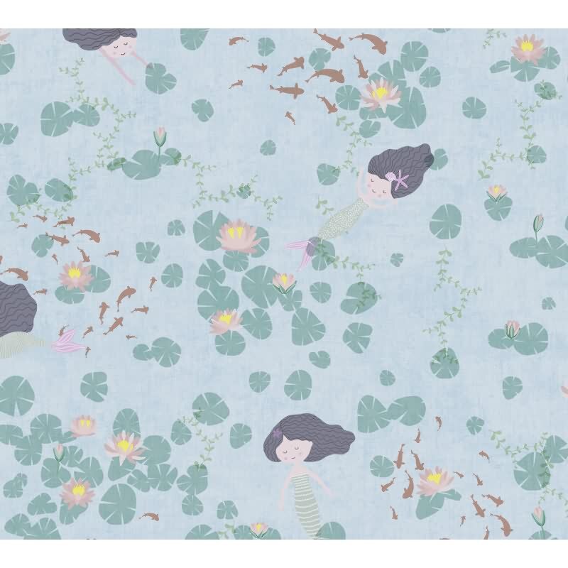 Meerjungfrauen Tapete Blau Grün Kindertapete mit Seerosen Fischen Kinderzimmer Vliestapete (KG-172201)