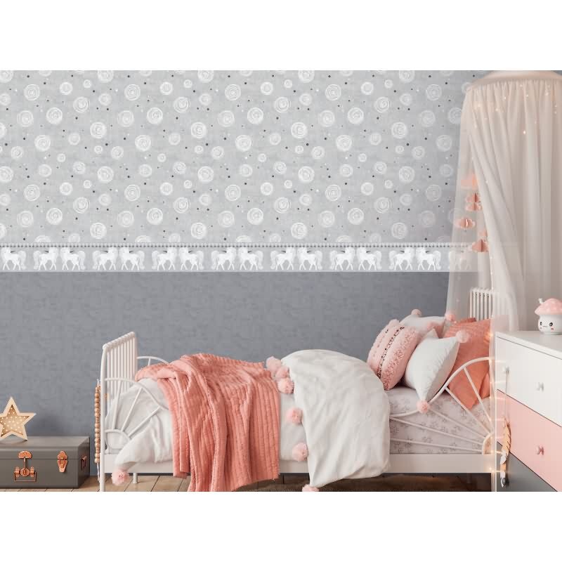 Einhorn Bordüre Grau Weiß Tapetenborte für Mädchenzimmer Kindertapete mit Fabelwesen (KG-172202)