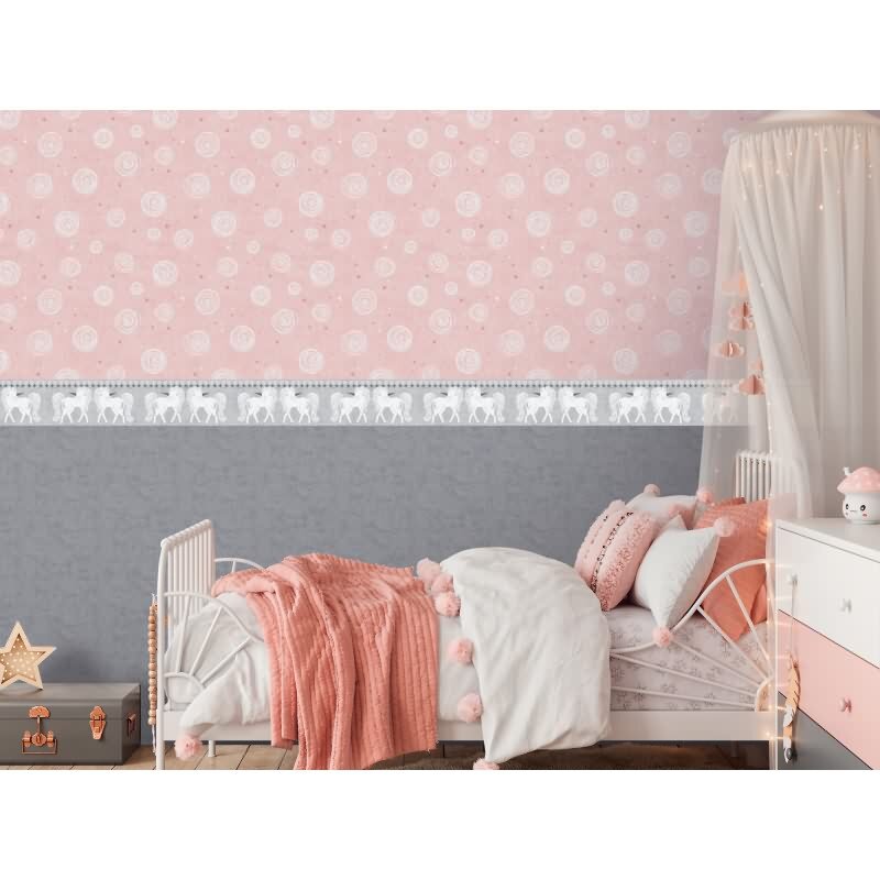 Einhorn Bordüre Grau Weiß Tapetenborte für Mädchenzimmer Kindertapete mit Fabelwesen (KG-172202)