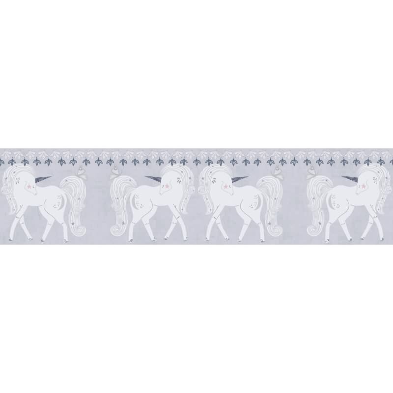 Einhorn Bordüre Grau Weiß Tapetenborte für Mädchenzimmer Kindertapete mit Fabelwesen (KG-172202)
