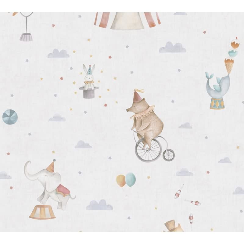 Zirkus-Tapete Hellbeige Bunt Kinderzimmer Vliestapete mit Zirkustieren Artistik (KG-172203)