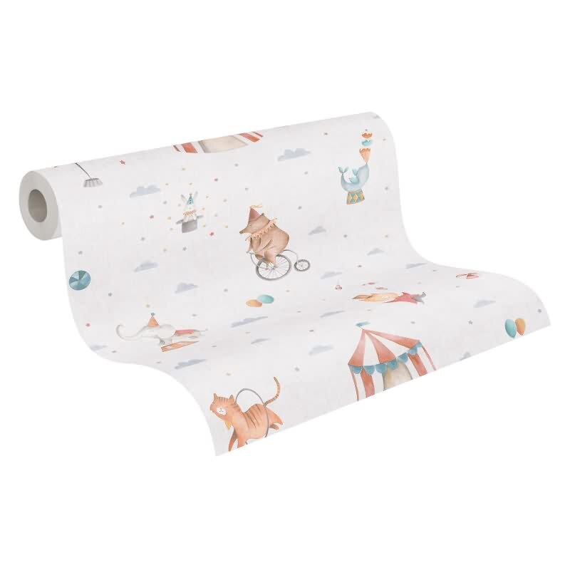 Zirkus-Tapete Hellbeige Bunt Kinderzimmer Vliestapete mit Zirkustieren Artistik (KG-172203)