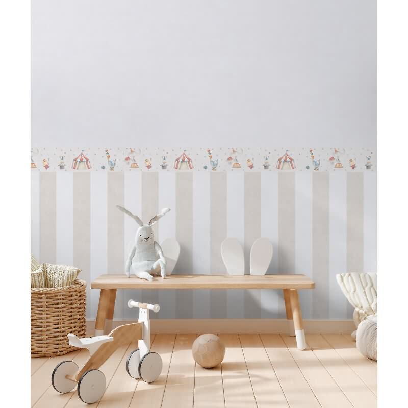 Bordüre Kinderzimmer Zirkustiere Tapetenborte Hellbeige Bunt Wandbordüre Zirkus (KG-172204)