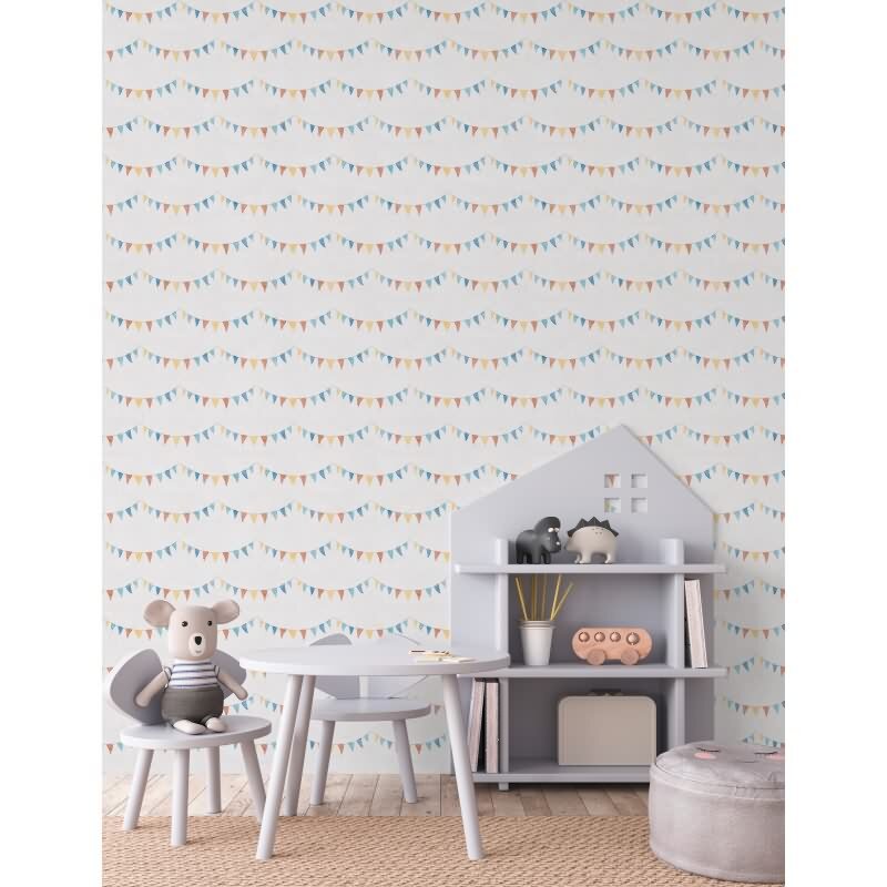Wimpel-Tapete Bunt Beige Kinderzimmer Vliestapete mit Girlanden (KG-172205)