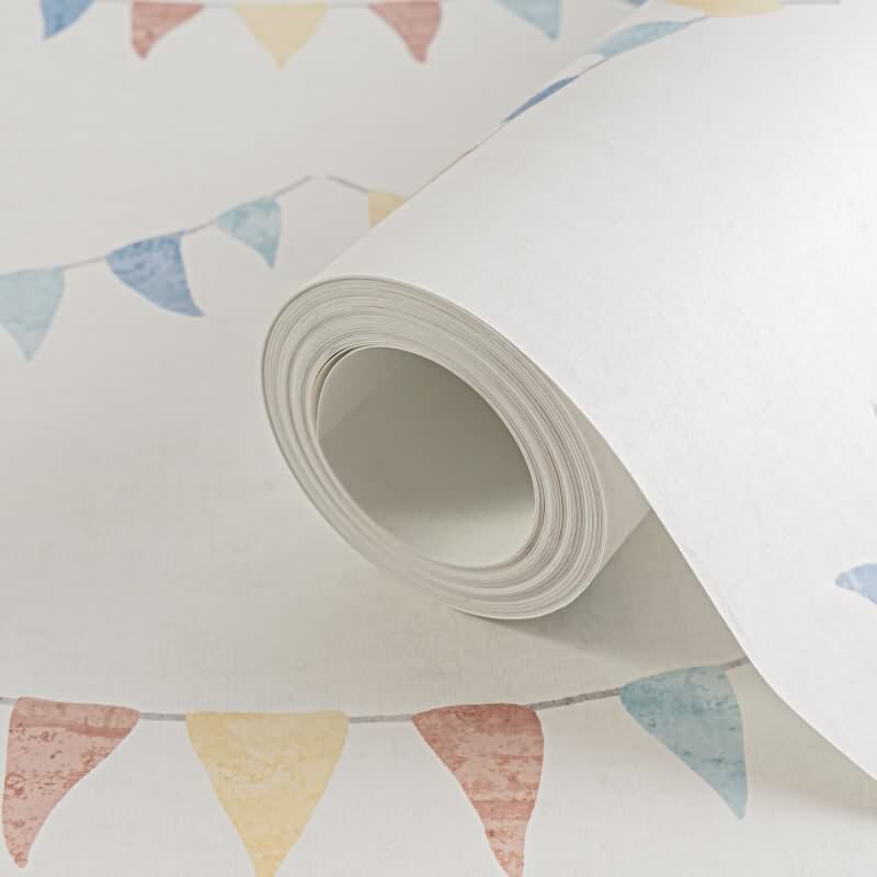 Wimpel-Tapete Bunt Beige Kinderzimmer Vliestapete mit Girlanden (KG-172205)