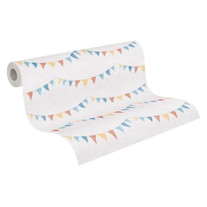 Wimpel-Tapete Bunt Beige Kinderzimmer Vliestapete mit Girlanden (KG-172205)
