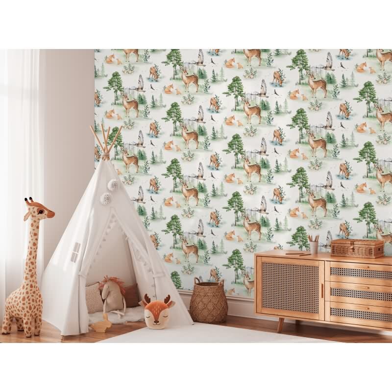 Tapete Kinderzimmer Junge Waldtiere Grün Beige Kindertapete Tiere im Wald Vliestapete (KG-172206)