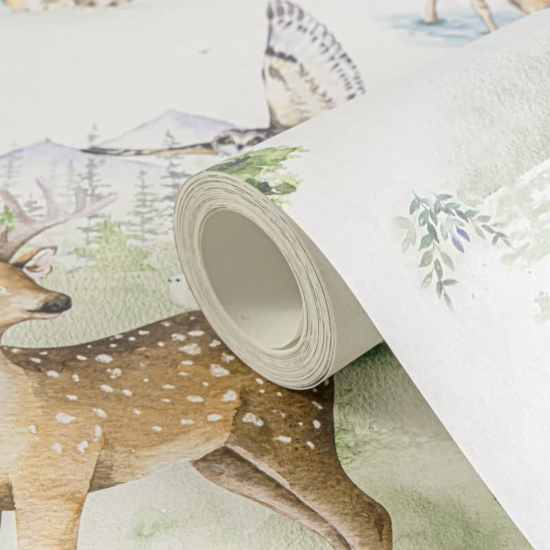 Tapete Kinderzimmer Junge Waldtiere Grün Beige Kindertapete Tiere im Wald Vliestapete (KG-172206)