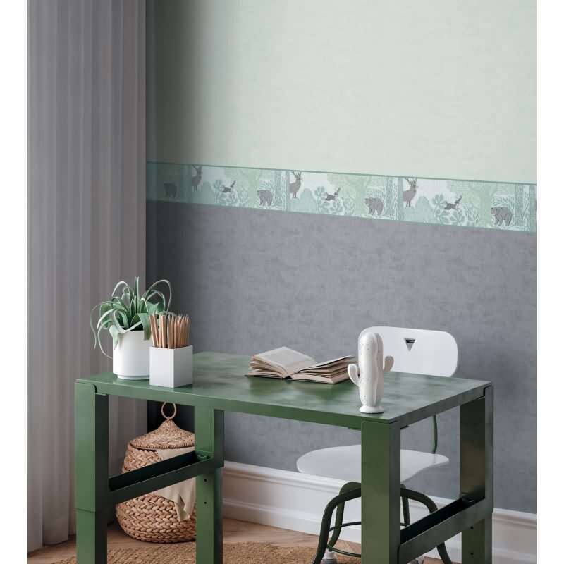 Tapetenborte Waldtiere in Grün Grau Tiermotiv Bordüre mit Bär Hirsch Vliestapete Kinderzimmer (KG-172209)