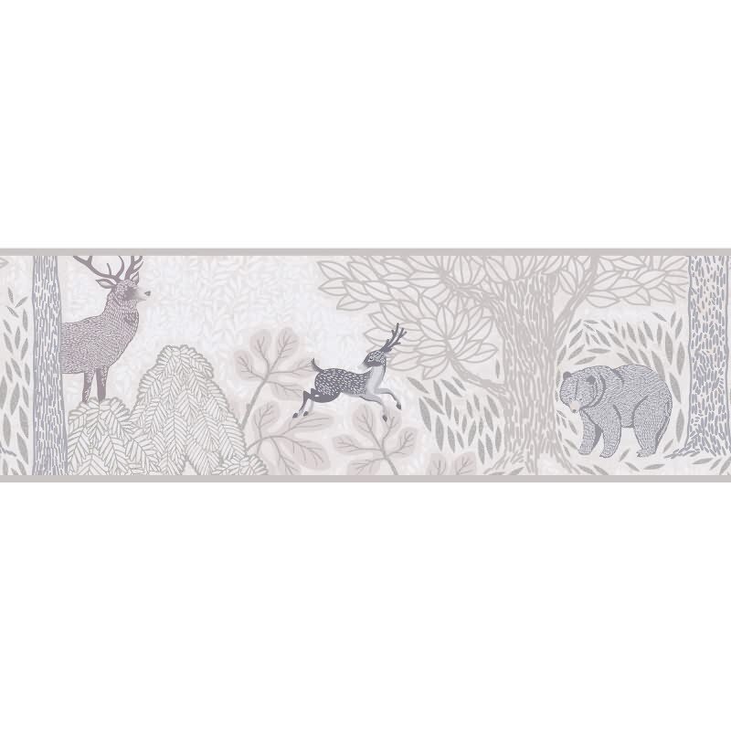 Bordüre Waldtiere in Beige Rosa Tiermotiv Tapetenborte mit Bär Reh Vliestapete Kinderzimmer (KG-172210)