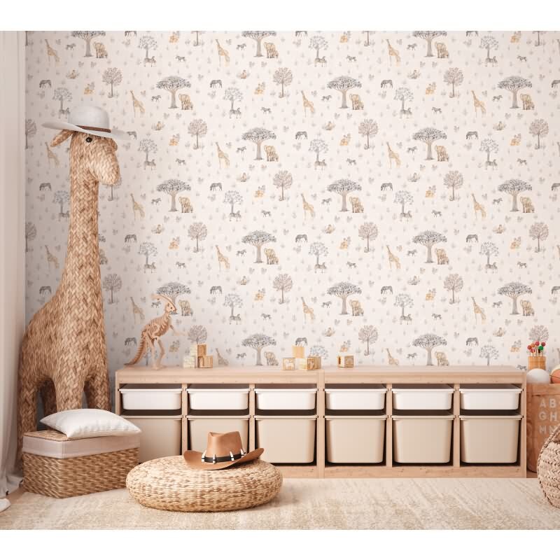 Kinderzimmer Tapete Sfarie Tiere Beige Vliestapete mit Giraffe Zebra Elefant Kindertapete (KG-172211)