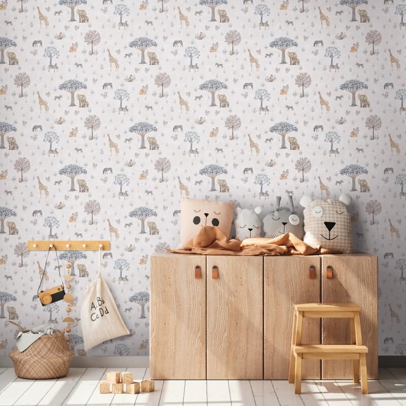 Kinderzimmer Tapete Sfarie Tiere Beige Vliestapete mit Giraffe Zebra Elefant Kindertapete (KG-172211)