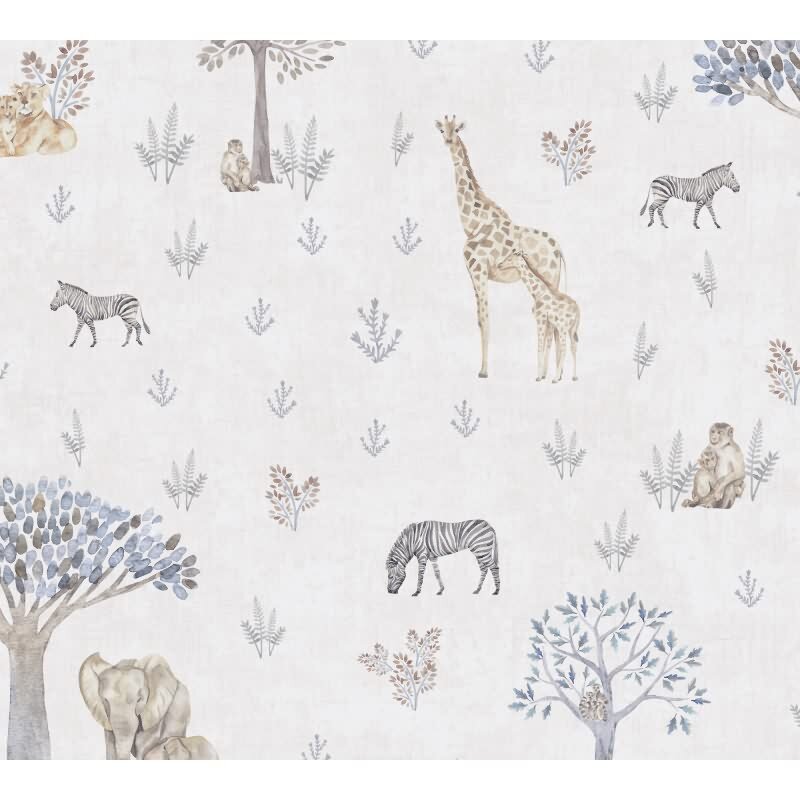 Kinderzimmer Tapete Sfarie Tiere Beige Vliestapete mit Giraffe Zebra Elefant Kindertapete (KG-172211)
