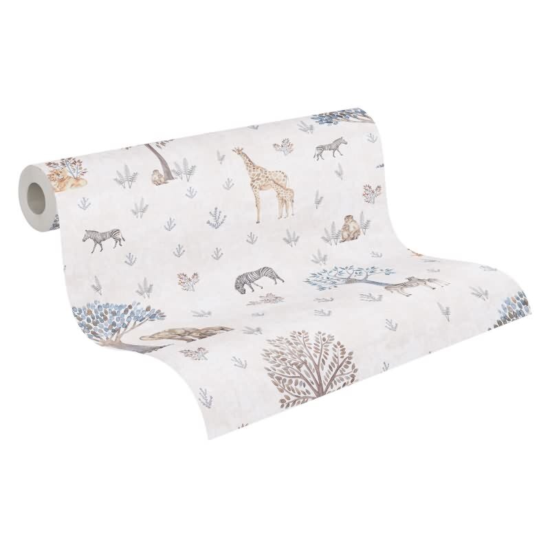 Kinderzimmer Tapete Sfarie Tiere Beige Vliestapete mit Giraffe Zebra Elefant Kindertapete (KG-172211)