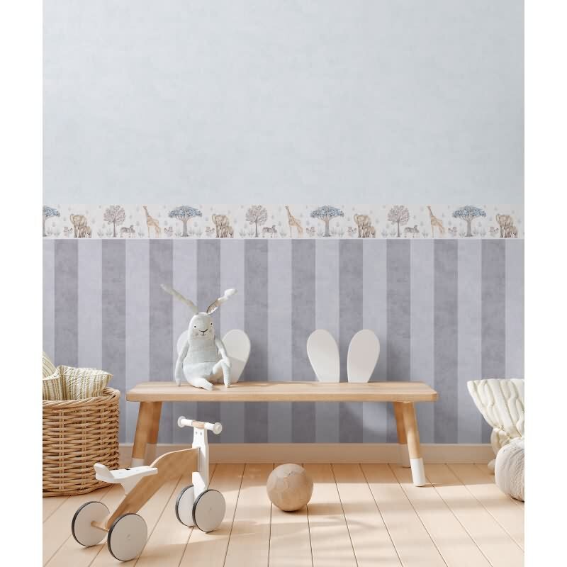 Bordüre Kinderzimmer Safarie Tiere Beige Tapetenbordüre mit Giraffe Zebra Elefant (KG-172212)