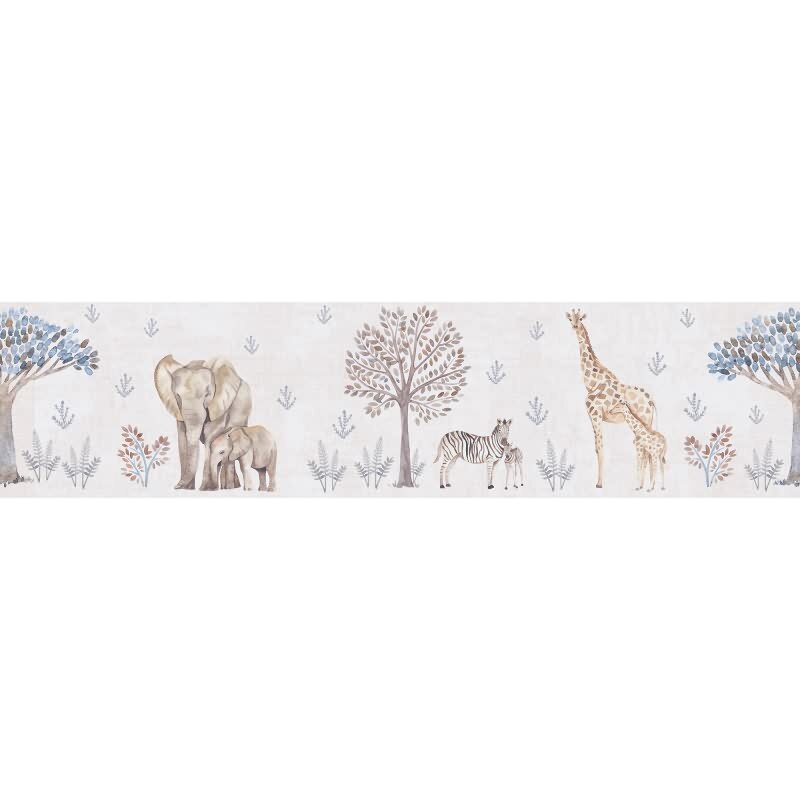 Bordüre Kinderzimmer Safarie Tiere Beige Tapetenbordüre mit Giraffe Zebra Elefant (KG-172212)