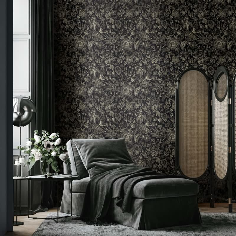 Vliestapete Blumen, Blätter Floral Natur matt in Schwarz für Wohnzimmer, Schlafzimmer, Büro (KG-172657)