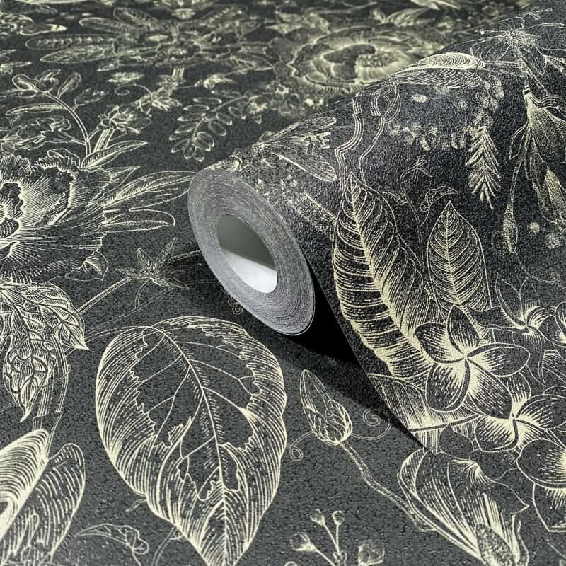 Vliestapete Blumen, Blätter Floral Natur matt in Schwarz für Wohnzimmer, Schlafzimmer, Büro (KG-172657)