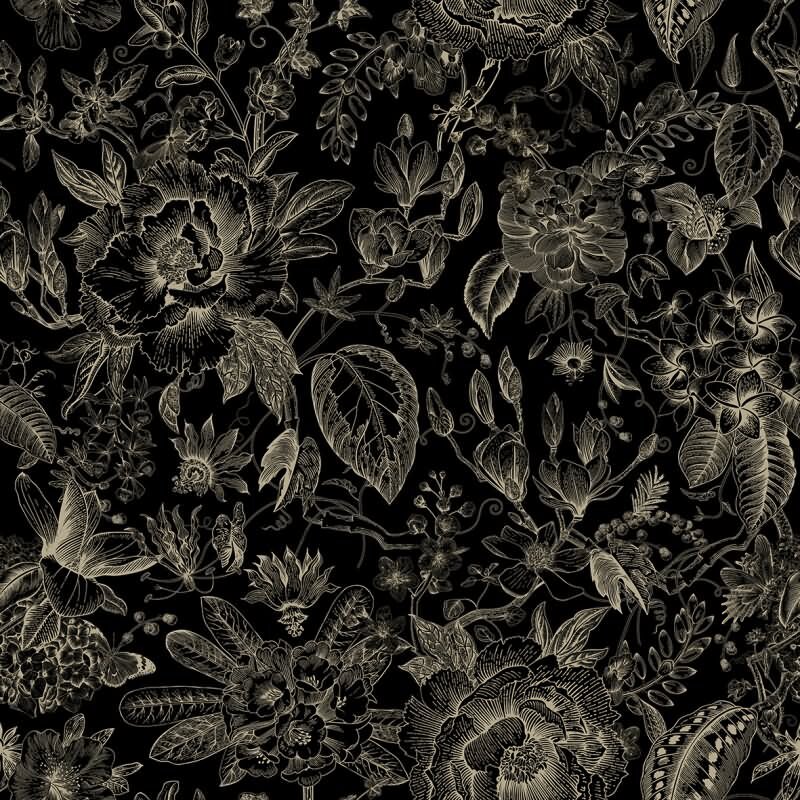 Vliestapete Blumen, Blätter Floral Natur matt in Schwarz für Wohnzimmer, Schlafzimmer, Büro (KG-172657)