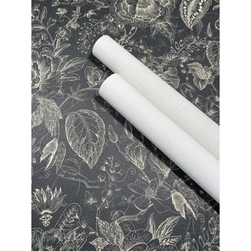 Vliestapete Blumen, Blätter Floral Natur matt in Schwarz für Wohnzimmer, Schlafzimmer, Büro (KG-172657)