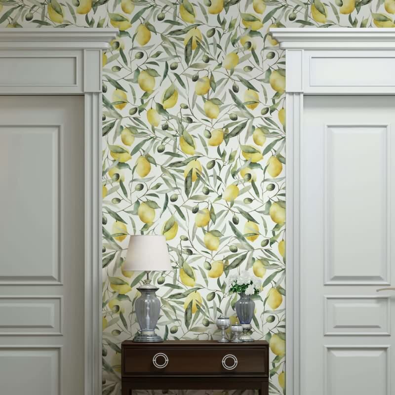 Vliestapete Zitronen, Blätter Floral Natur matt in Weiß für Wohnzimmer, Schlafzimmer (KG-172658)