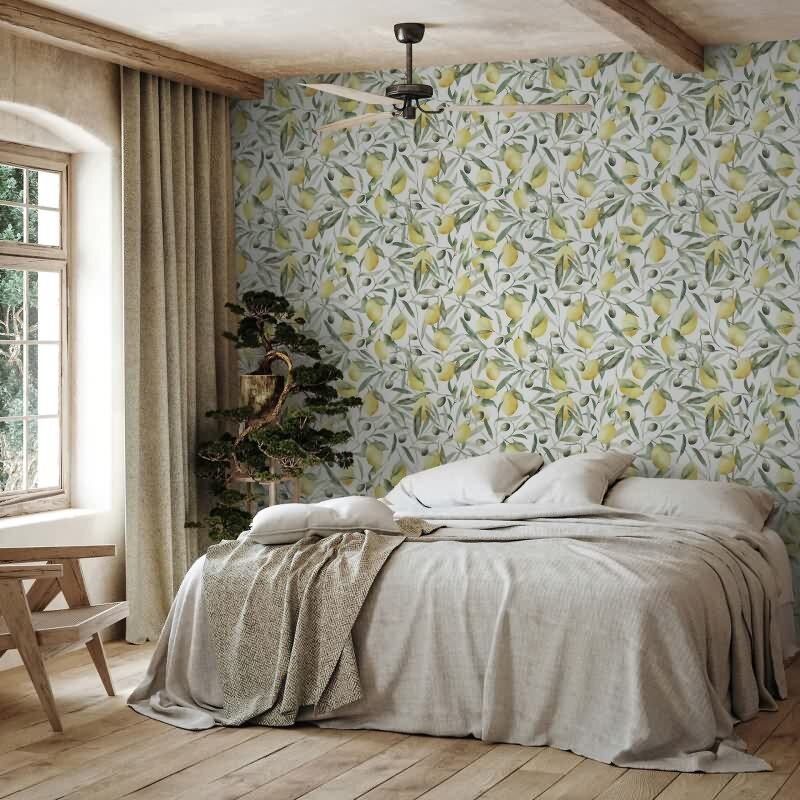 Vliestapete Zitronen, Blätter Floral Natur matt in Weiß für Wohnzimmer, Schlafzimmer (KG-172658)