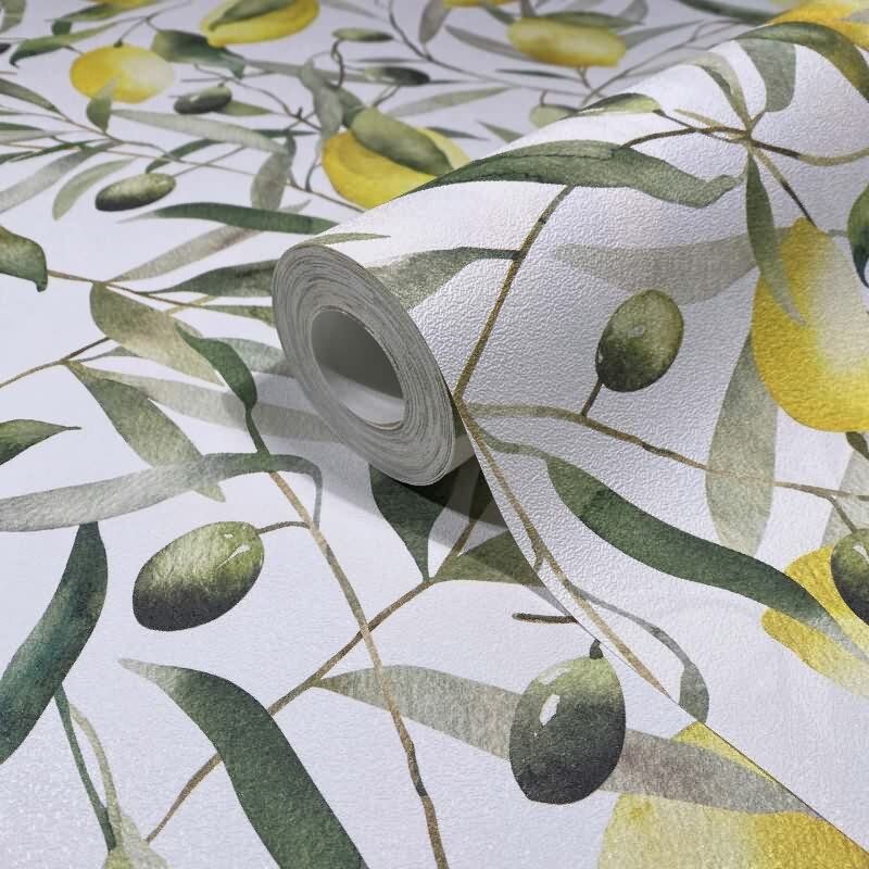 Vliestapete Zitronen, Blätter Floral Natur matt in Weiß für Wohnzimmer, Schlafzimmer (KG-172658)