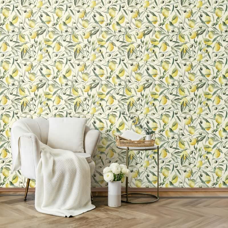 Vliestapete Zitronen, Blätter Floral Natur matt in Beige für Wohnzimmer, Schlafzimmer (KG-172659)