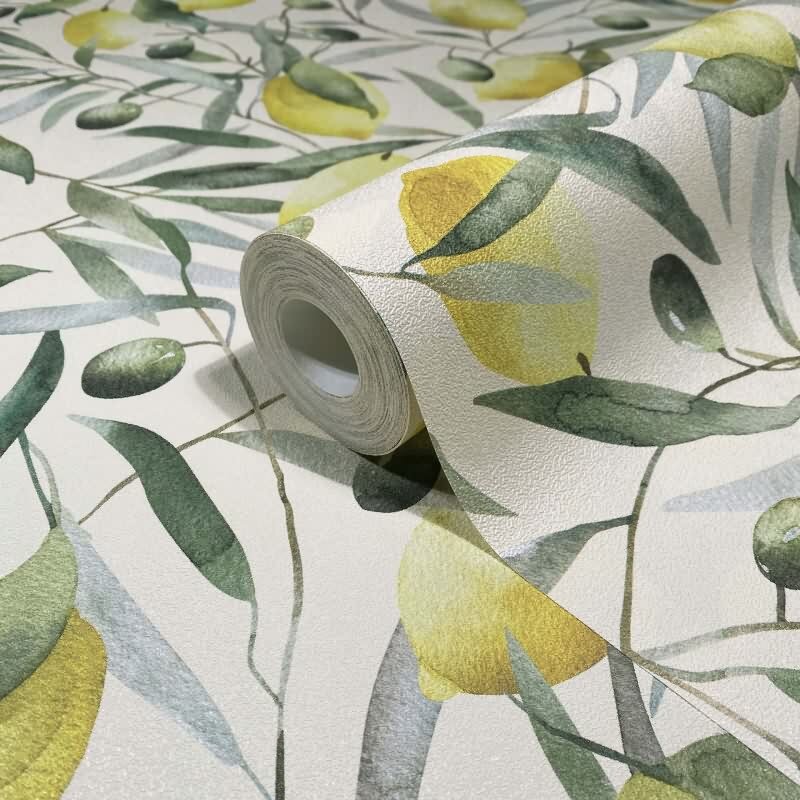Vliestapete Zitronen, Blätter Floral Natur matt in Beige für Wohnzimmer, Schlafzimmer (KG-172659)