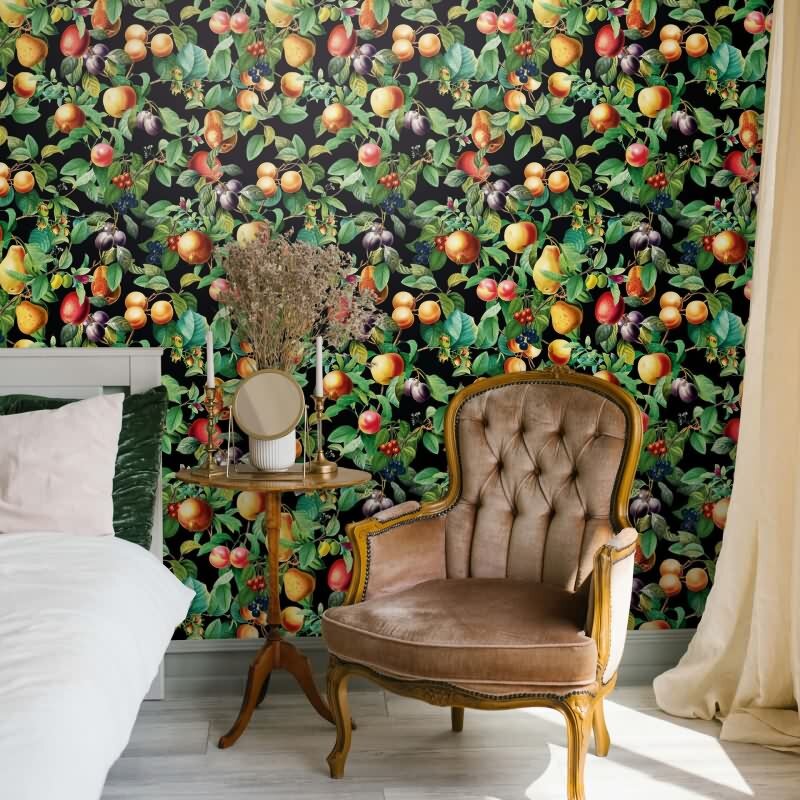 Vliestapete Früchte, Blätter Floral Natur matt in Schwarz für Wohnzimmer, Schlafzimmer (KG-172674)