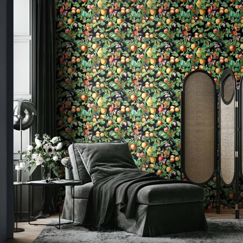 Vliestapete Früchte, Blätter Floral Natur matt in Schwarz für Wohnzimmer, Schlafzimmer (KG-172674)