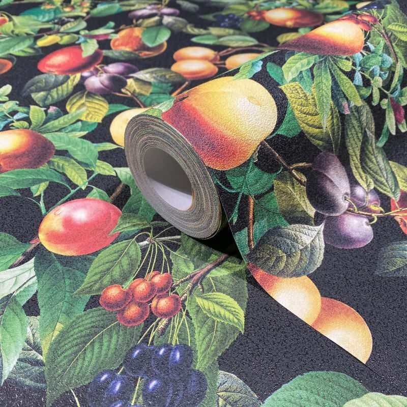 Vliestapete Früchte, Blätter Floral Natur matt in Schwarz für Wohnzimmer, Schlafzimmer (KG-172674)