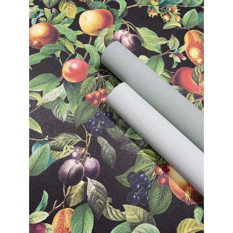Vliestapete Früchte, Blätter Floral Natur matt in Schwarz für Wohnzimmer, Schlafzimmer (KG-172674)