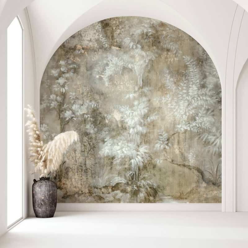 Digitaldruck gezeichneter Wald beige, weiß, grün Floral (KG-172723)