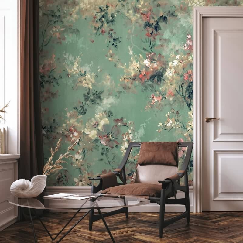 Digitaldruck Blumen Blüten grün, beige Floral (KG-172724)