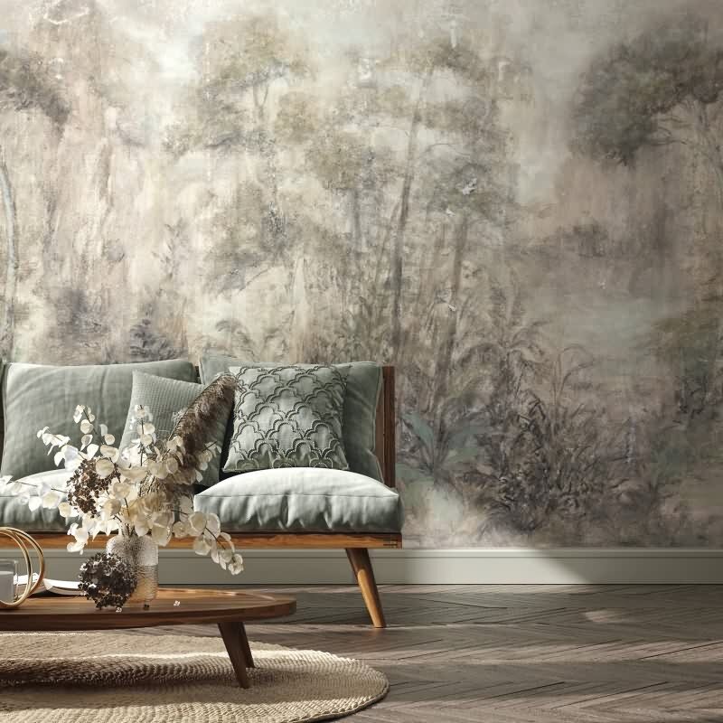 Digitaldruck gezeichneter Wald beige, grün, braun Floral (KG-172726)