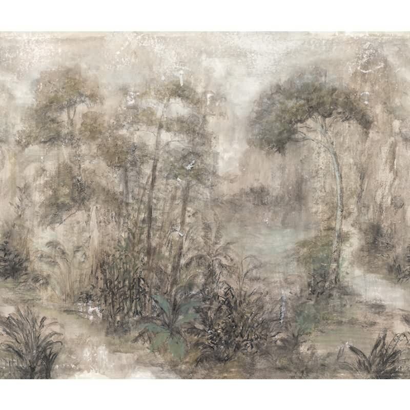Digitaldruck gezeichneter Wald beige, grün, braun Floral (KG-172726)