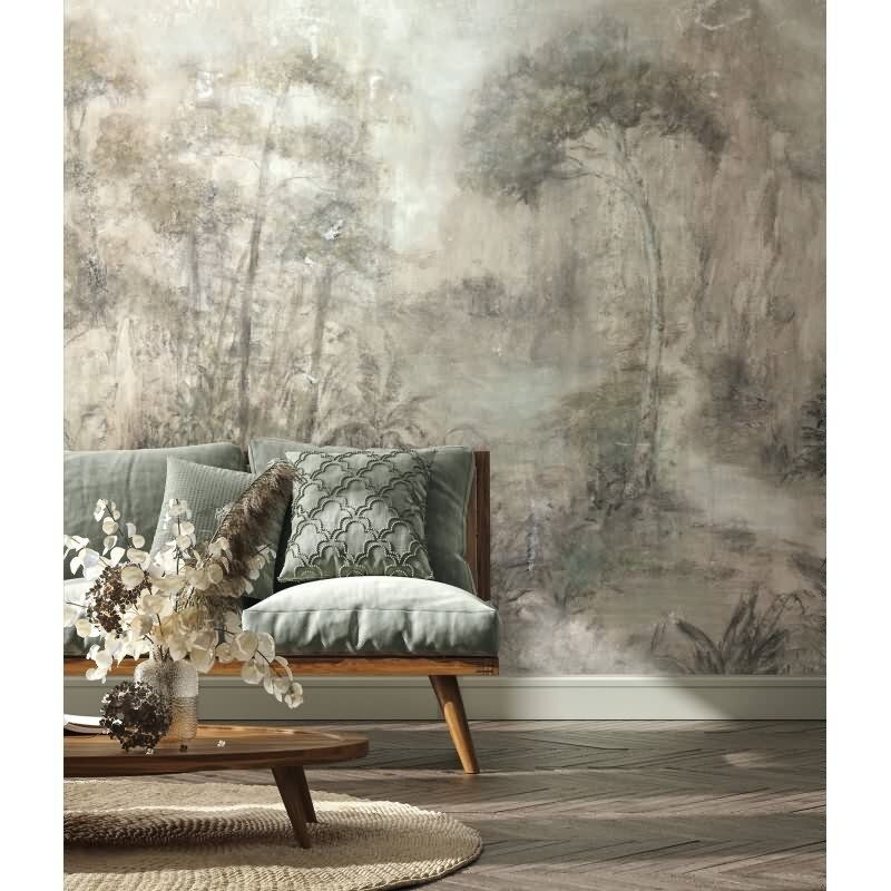 Digitaldruck gezeichneter Wald beige, grün, braun Floral (KG-172726)