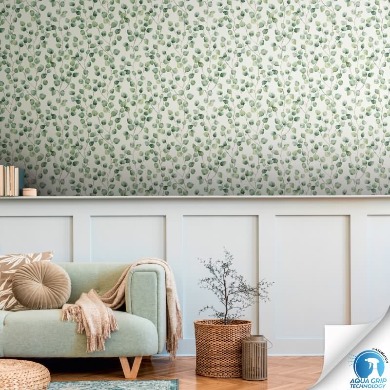 Vorgekleisterte Blätter-Tapete Eukalyptus Grün Weiß Aquarell - Natur Vliestapete (KG-172815)