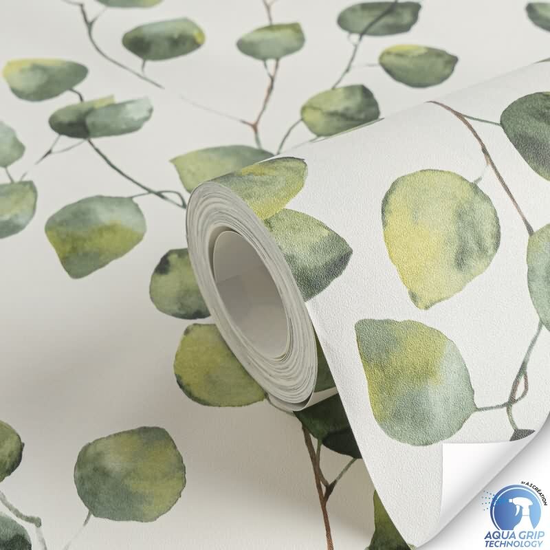 Vorgekleisterte Blätter-Tapete Eukalyptus Grün Weiß Aquarell - Natur Vliestapete (KG-172815)
