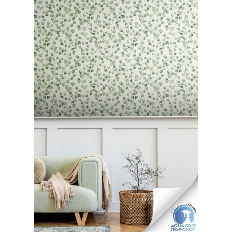 Vorgekleisterte Blätter-Tapete Eukalyptus Grün Weiß Aquarell - Natur Vliestapete (KG-172815)