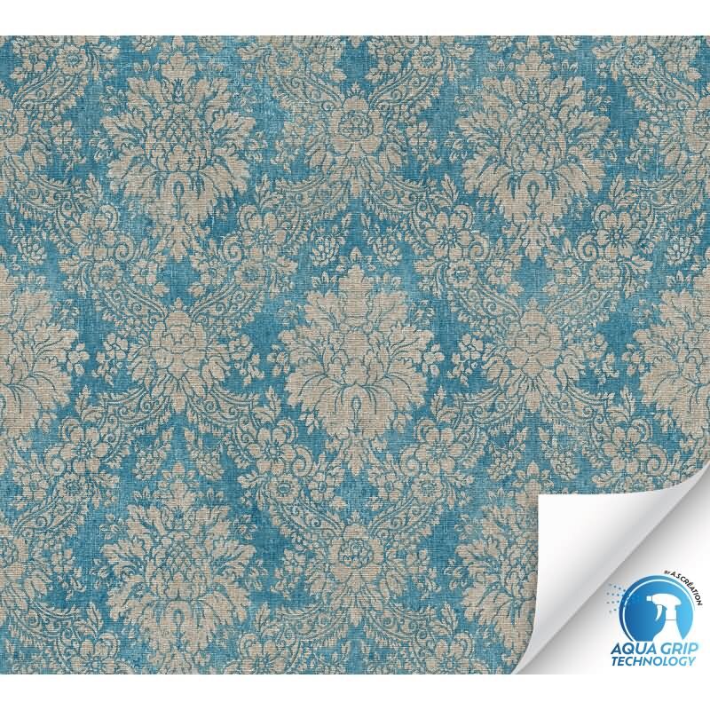 Vorgekleisterte Ornament-Tapete Barock Blau Beige - klassisch moderne Vliestapete (KG-172823)