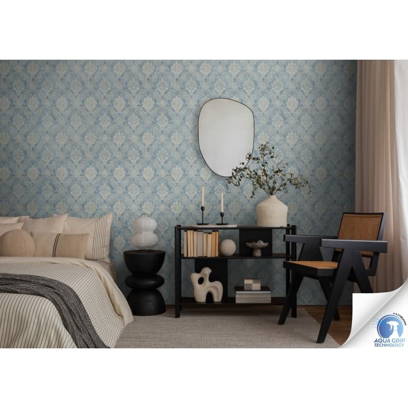 Vorgekleisterte Ornament-Tapete Barock Blau Beige - klassisch moderne Vliestapete (KG-172823)