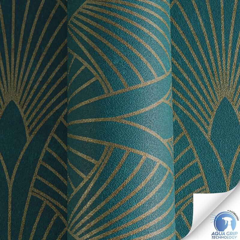 Vorgekleisterte Art-Déco-Tapete Grün Gold - geometrische Vliestapete (KG-172824)