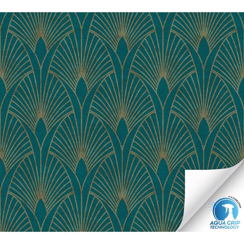 Vorgekleisterte Art-Déco-Tapete Grün Gold - geometrische Vliestapete (KG-172824)
