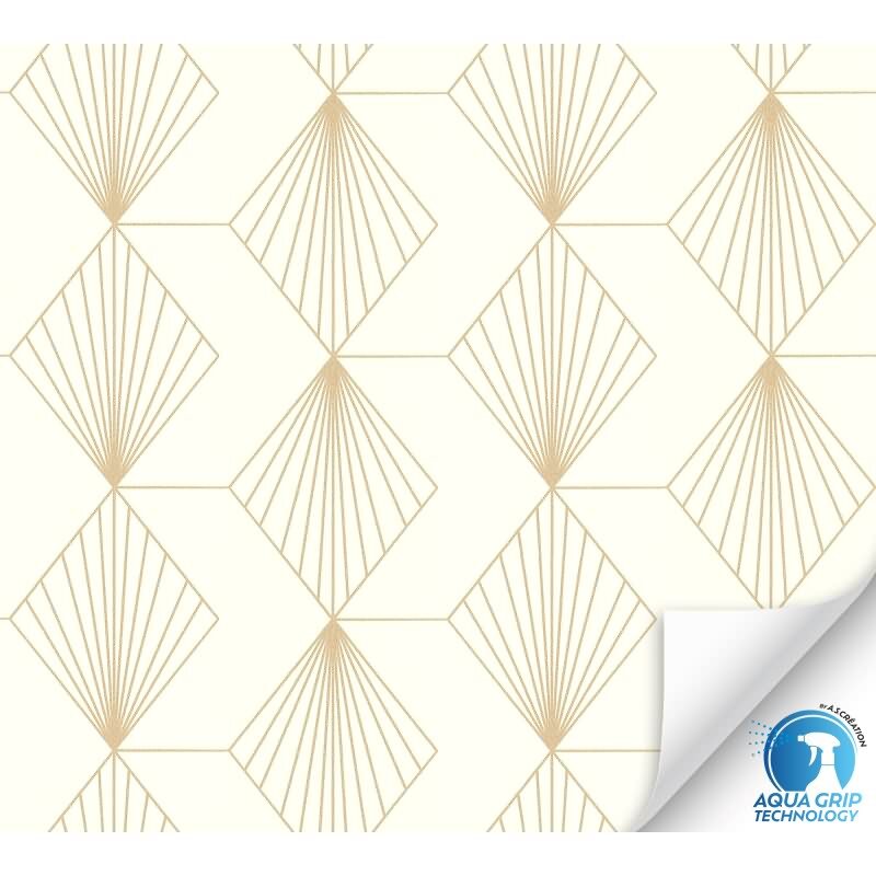 Vorgekleisterte Art-Déco-Tapete Weiß Gold - Vliestapete mit geometrischem Muster (KG-172825)