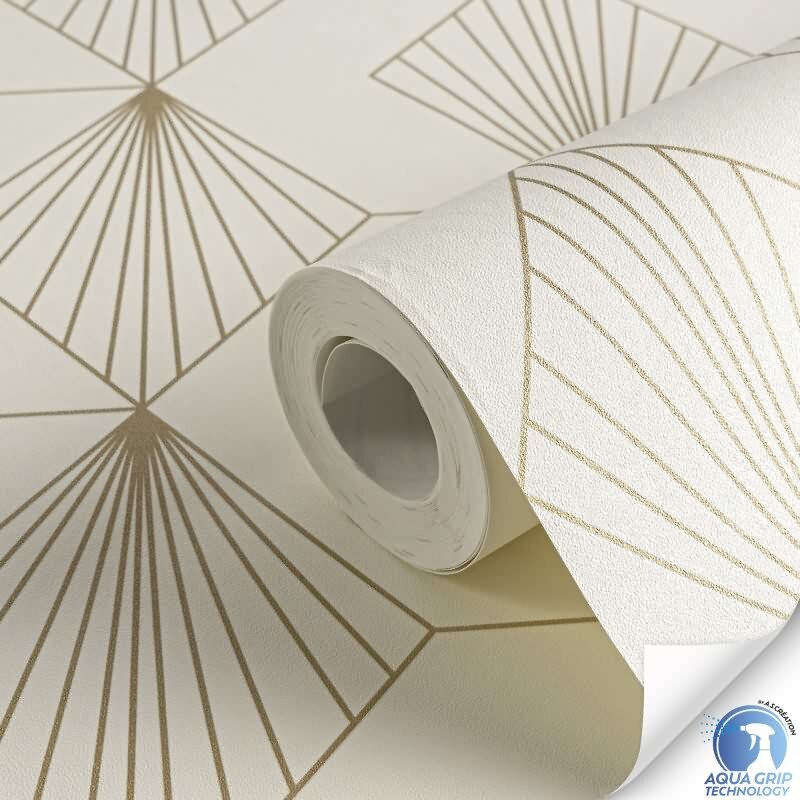 Vorgekleisterte Art-Déco-Tapete Weiß Gold - Vliestapete mit geometrischem Muster (KG-172825)